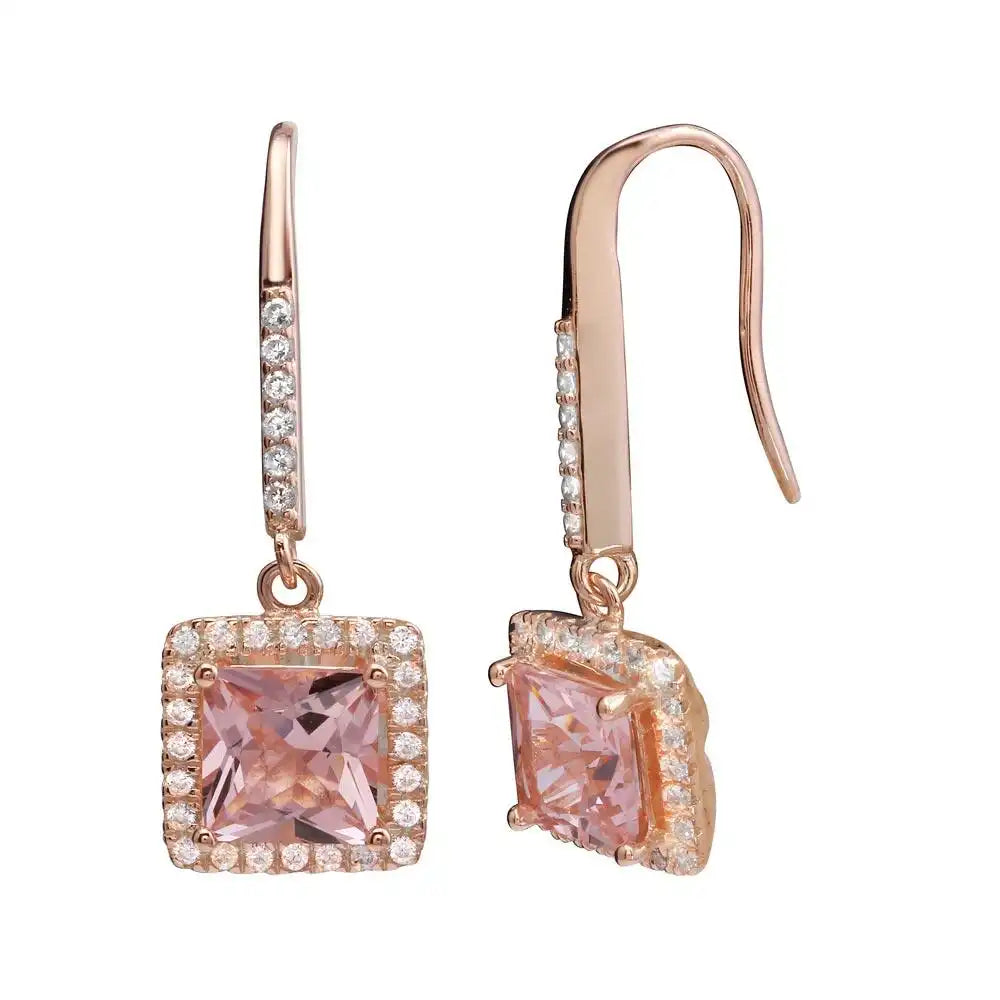 925 Sterling Silver Rose Gold Plated Dangling Square CZ Earrings