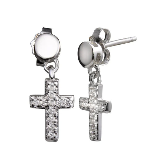 925 Sterling Silver Rhodium Plated Mini Dangling Cross Earrings