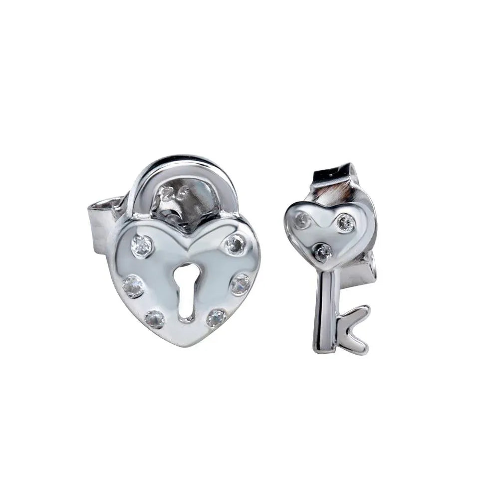 925 Sterling Silver Rhodium Plated Heart Padlock Stud Earrings
