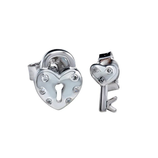 925 Sterling Silver Rhodium Plated Heart Padlock Stud Earrings