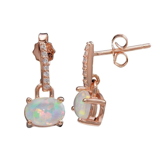 925 Sterling Silver Rose Gold Plated Mini Dangling Earrings with CZ and Synthetic Opal