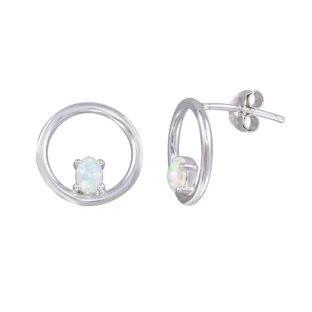 925 Sterling Silver Rhodium Plated Open Circle Synthetic Opal Earrings