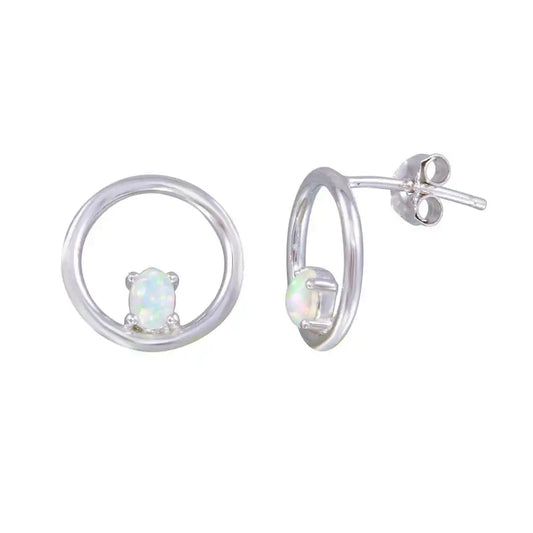925 Sterling Silver Rhodium Plated Open Circle Synthetic Opal Earrings