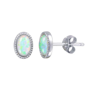925 Sterling Silver Rhodium Plated Oval Synthetic Opal Stud Earrings