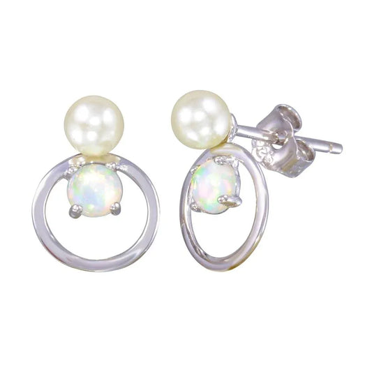 925 Sterling Silver Rhodium Plated Open Circle Stud Earrings with Synthetic Pearl and Opal