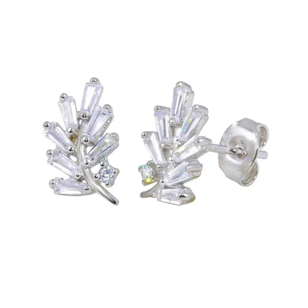 925 Sterling Silver Rhodium Plated Leaf Baguette CZ Earrings