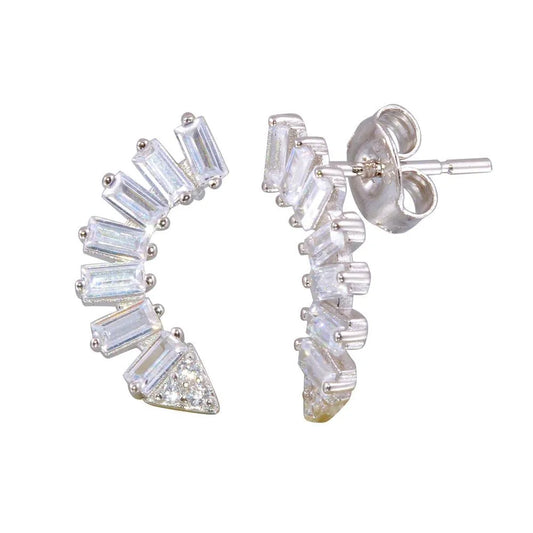 925 Sterling Silver Rhodium Plated Baguette CZ Dangling Crescent Earrings