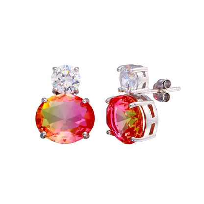 Rhodium Plated 925 Sterling Silver Drop Clear and Peach CZ Stud Earrings