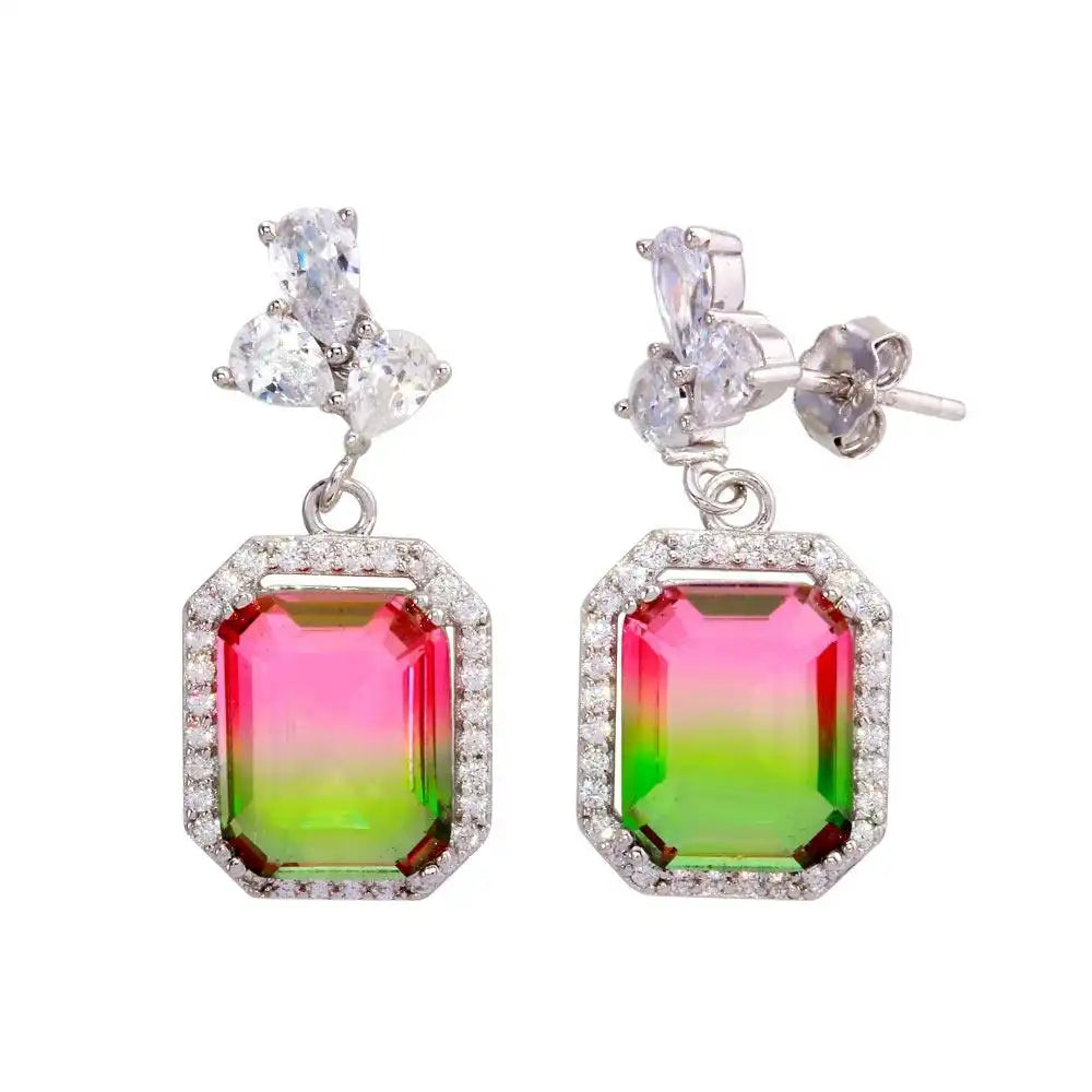 925 Sterling Silver Rhodium Plated Green Pink Gradient CZ Dangling Earrings