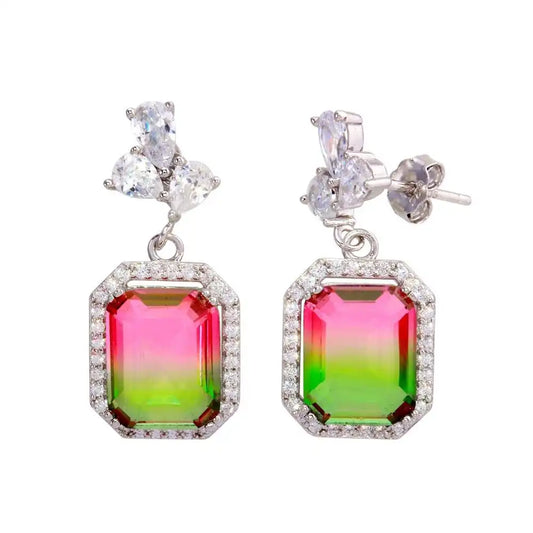 925 Sterling Silver Rhodium Plated Green Pink Gradient CZ Dangling Earrings