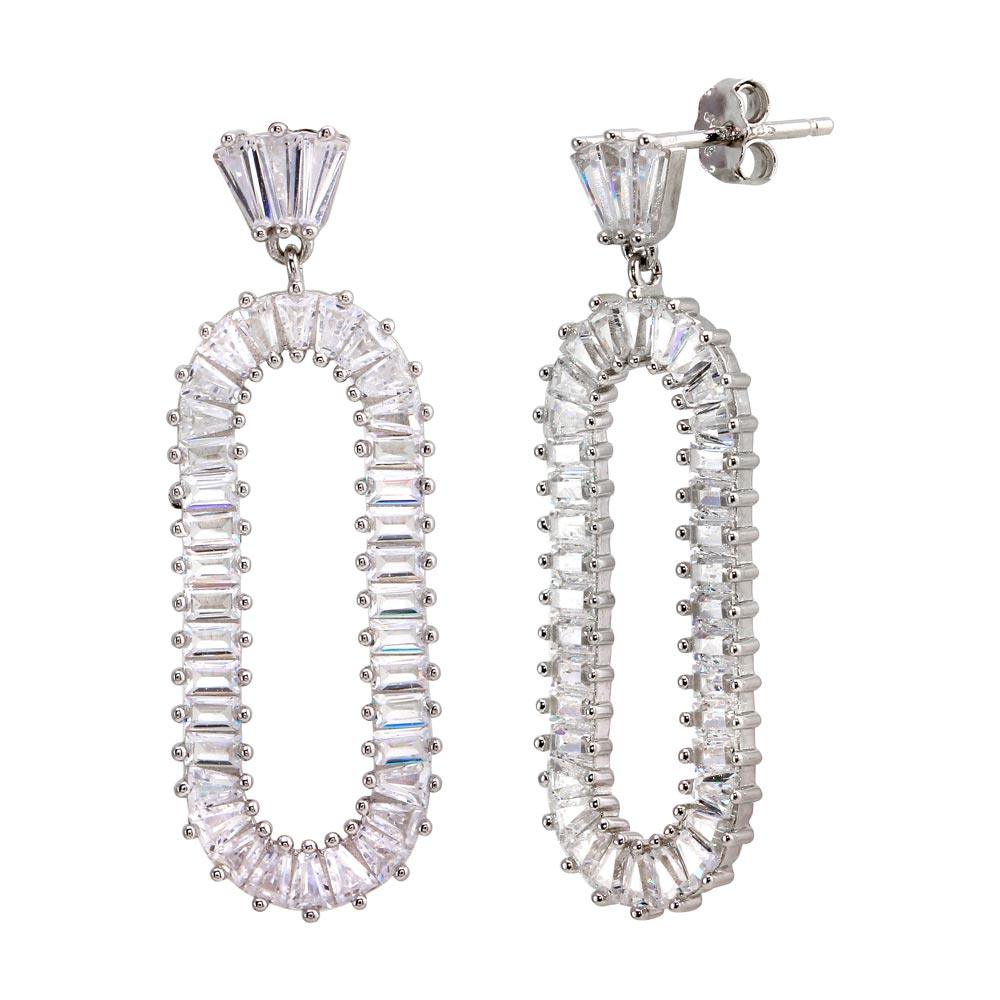 925 Sterling Silver Rhodium Plated Open Oval Baguette CZ Dangling Earrings