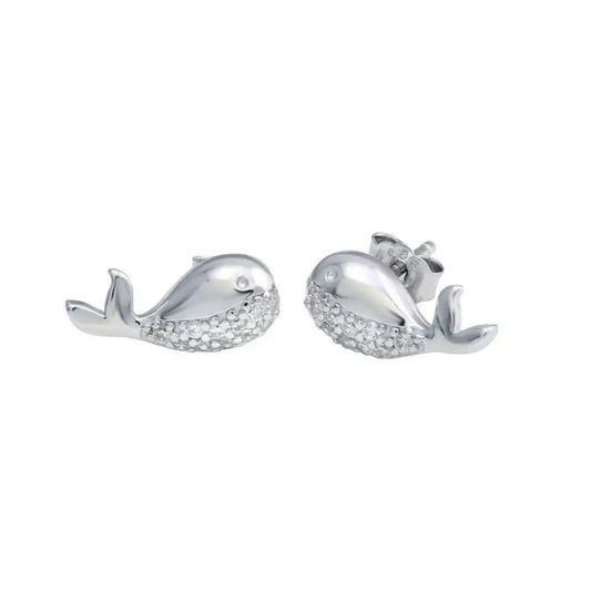 925 Sterling Silver Rhodium Plated Whale CZ Stud Earrings