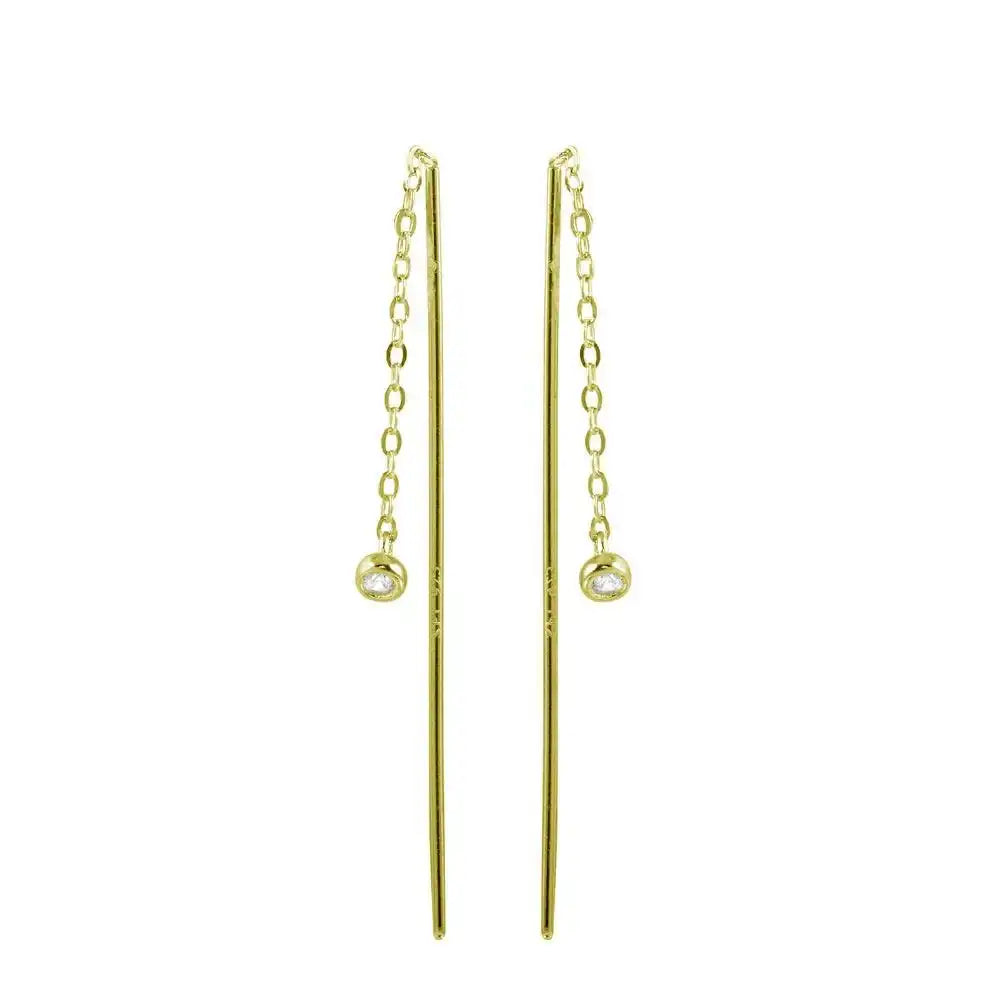 925 Sterling Silver Gold Plated CZ Chain Dangling Threaded Earrings