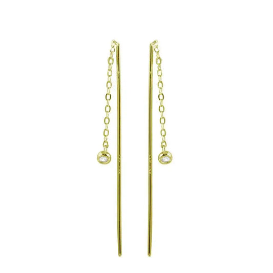 925 Sterling Silver Gold Plated CZ Chain Dangling Threaded Earrings