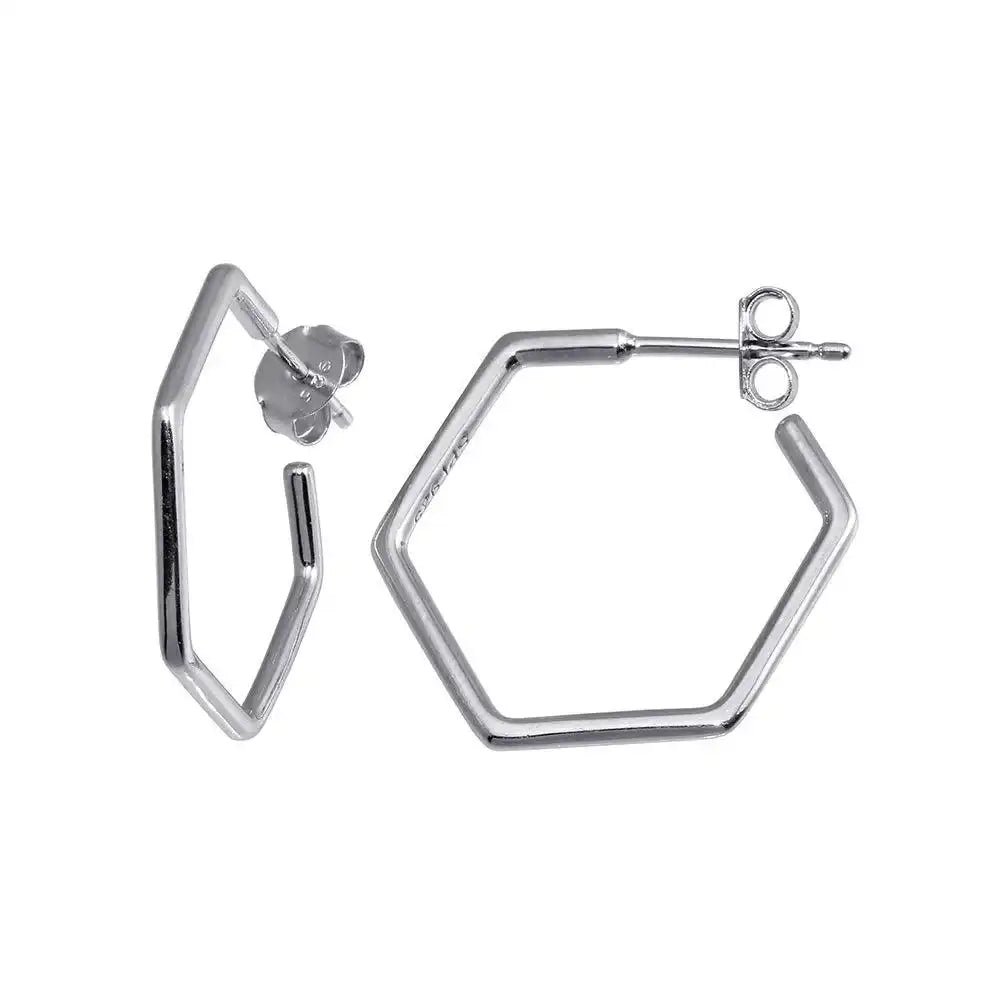 925 Sterling Silver Rhodium Plated Large Hexagon Semi Hoop Earring