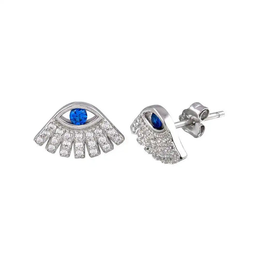 925 Sterling Silver Rhodium Plated Blue and Clear CZ Evil Eye Stud Earring