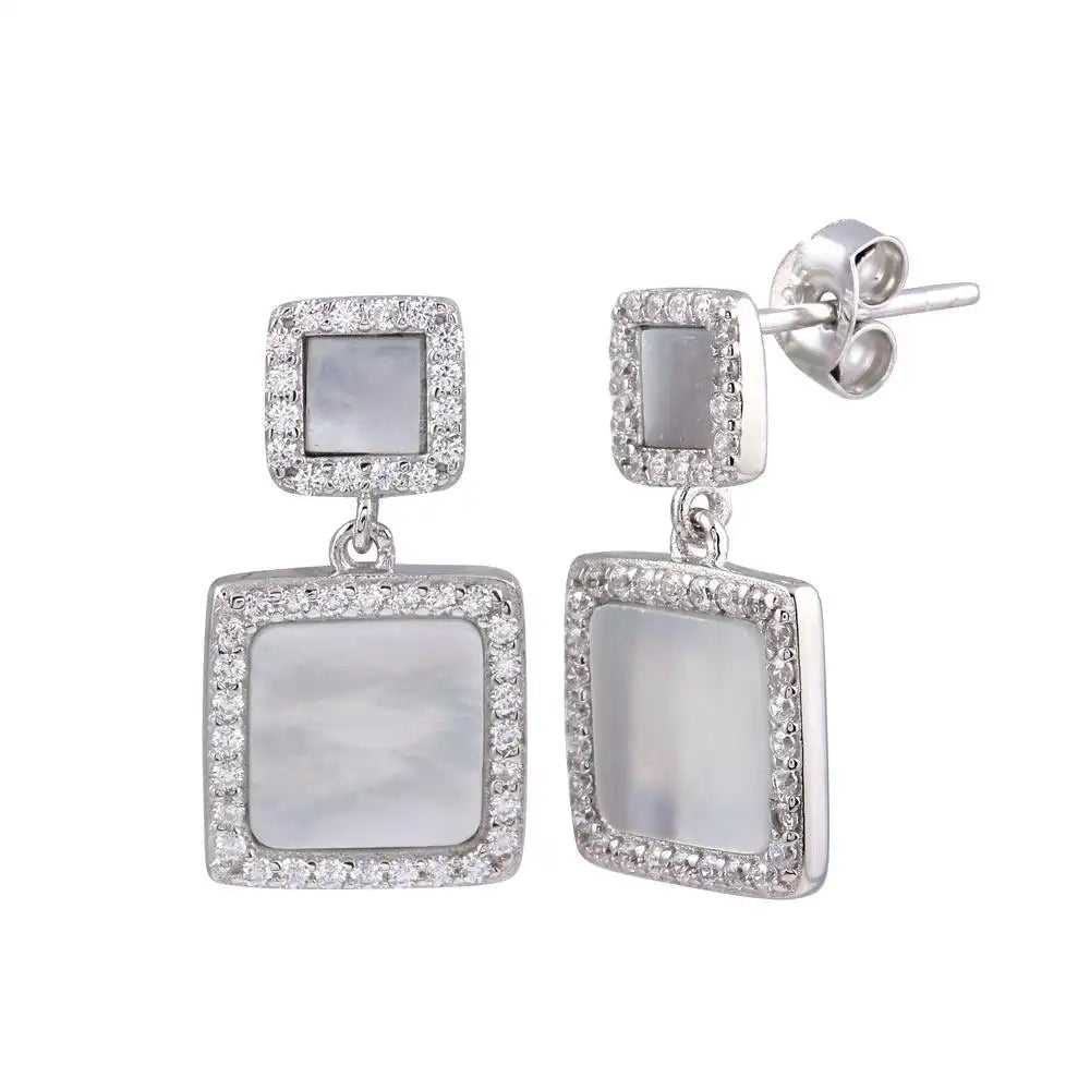 925 Sterling Silver Rhodium Plated Dangling Square Mother of Pearl CZ Earring