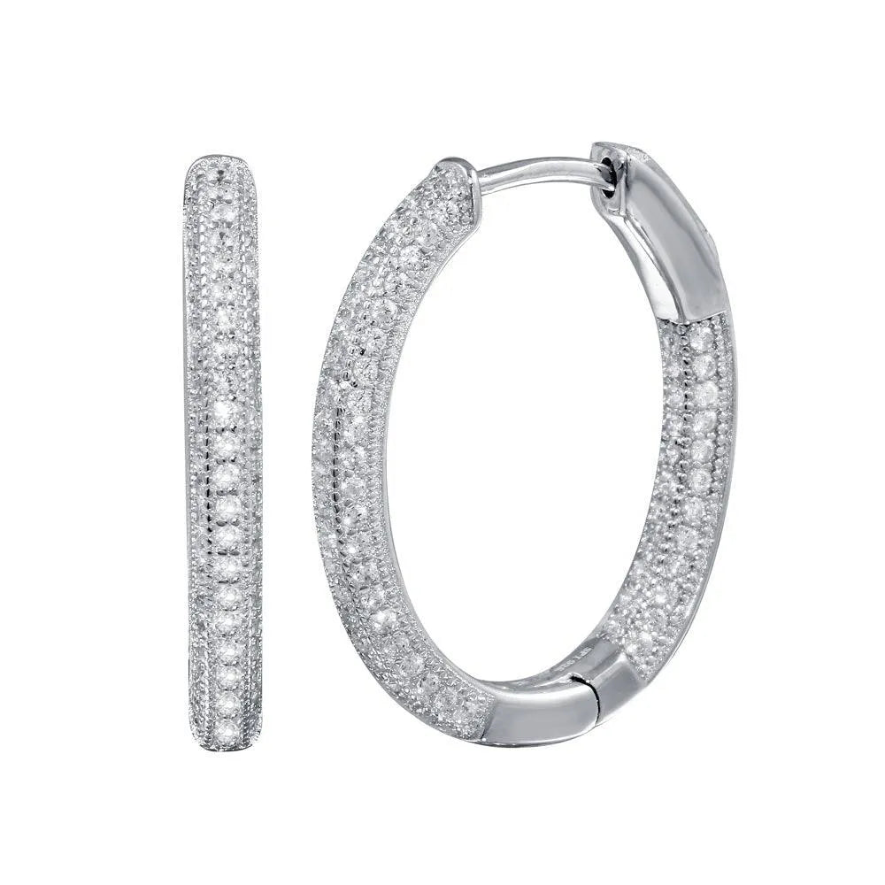 925 Sterling Silver Rhodium Plated  Inside Out CZ Oval Hoop Vault Lock Earring