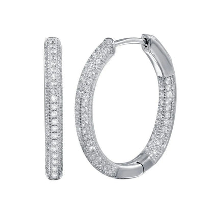 925 Sterling Silver Rhodium Plated  Inside Out CZ Oval Hoop Vault Lock Earring