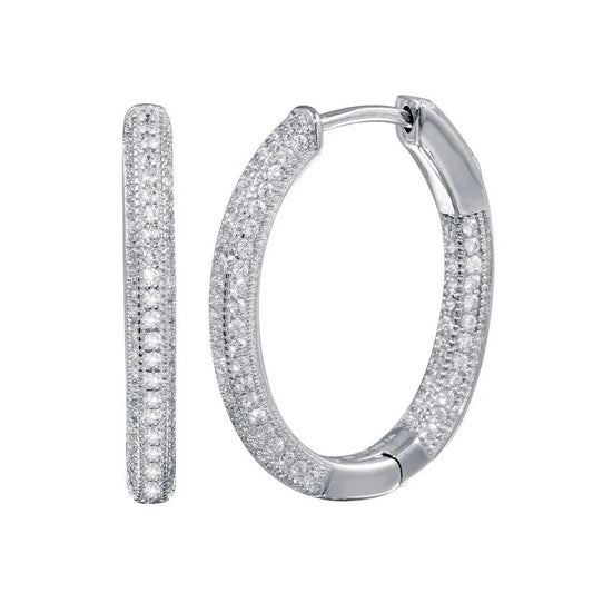 925 Sterling Silver Rhodium Plated  Inside Out CZ Oval Hoop Vault Lock Earring