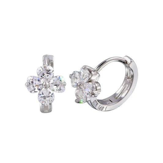 925 Sterling Silver Rhodium Plated Flower CZ huggie hoop Earring
