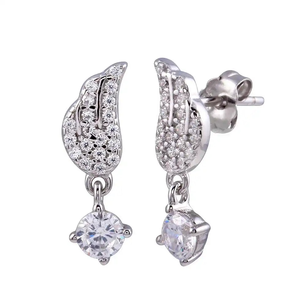 925 Sterling Silver Rhodium Plated Wing Dangling CZ Stud Earring