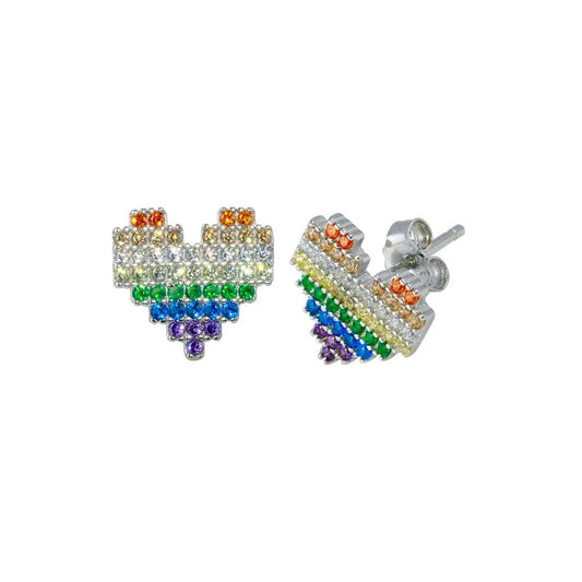 925 Sterling Silver Rhodium Plated Heart Multi Color CZ Stud Earring