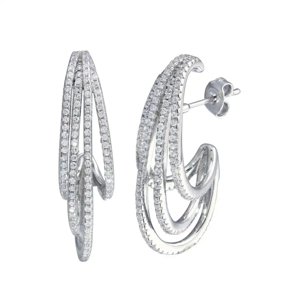 925 Sterling Silver Rhodium Plated Semi Hoop Dangling Wave Earring