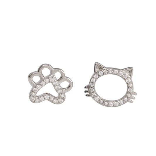 925 Sterling Silver Rhodium Plated CZ Cat And Paw Stud Earring