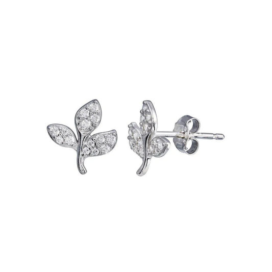 925 Sterling Silver Rhodium Plated CZ Leaves Stud Earring