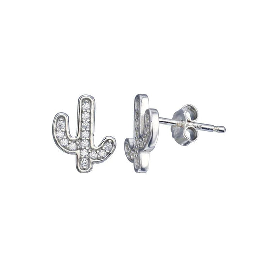 925 Sterling Silver Rhodium Plated CZ Cactus Stud Earring