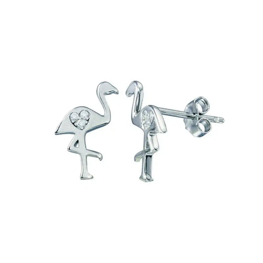 925 Sterling Silver Rhodium Plated Heart CZ Flamingo Stud Earring