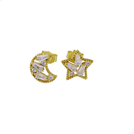 925 Sterling Silver Gold Plated Baguette CZ Star and Moon Stud Earring