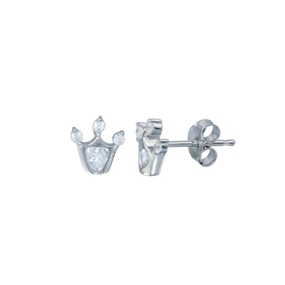 925 Sterling Silver Rhodium Plated Crown CZ Stud Earring