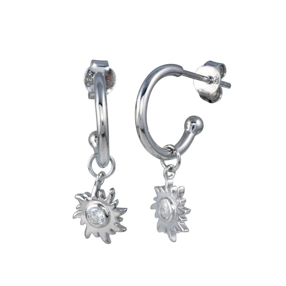 925 Sterling Silver Dangling CZ Sun Hoop Earring