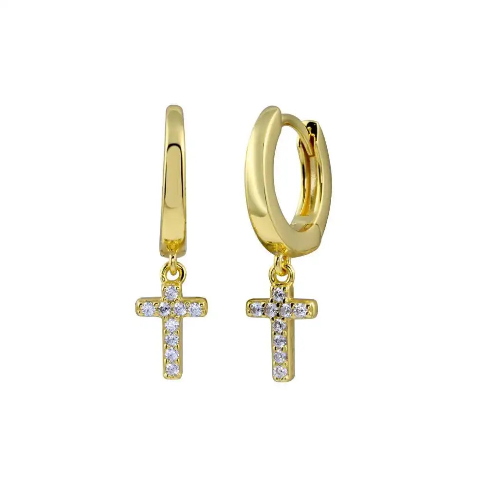 925 Sterling Silver Gold Plated CZ huggie hoop Cross Earring