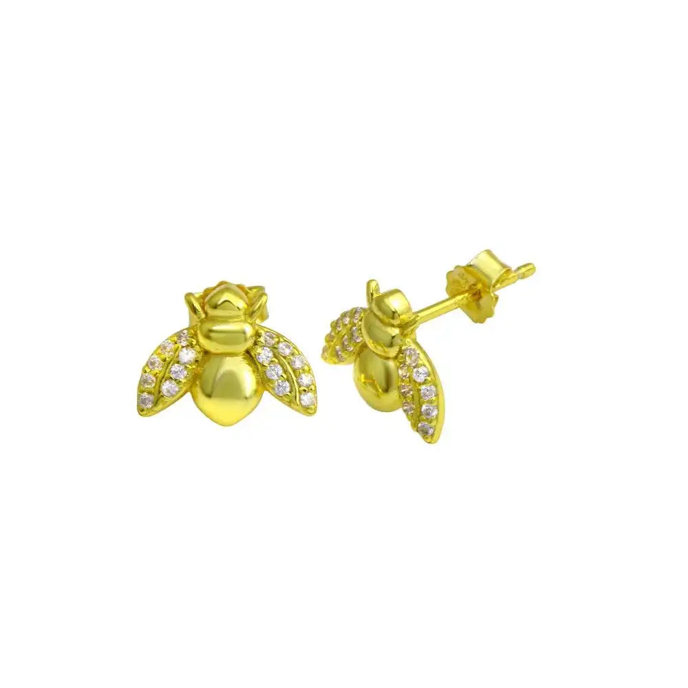 925 Sterling Silver Gold Plated Bee CZ Stud Earring