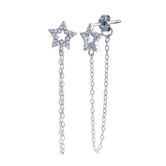 925 Sterling Silver Rhodium Plated Star Chain CZ Stud Earring