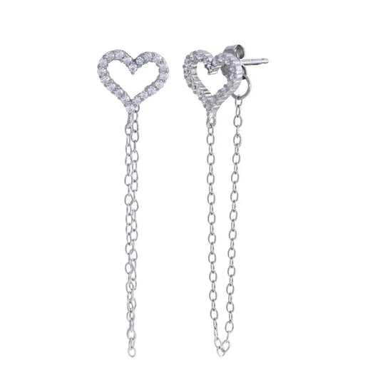925 Sterling Silver Rhodium Plated Heart Chain CZ Stud Earring