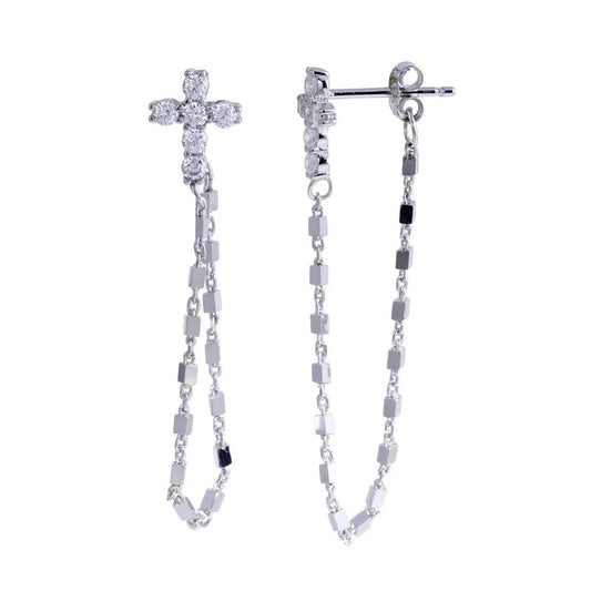 925 Sterling Silver Rhodium Plated Cross Chain CZ Stud Earring