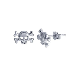 925 Sterling Silver Rhodium Plated Skull Crossbones Stud Earring