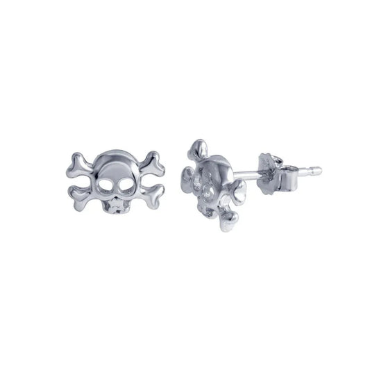 925 Sterling Silver Rhodium Plated Skull Crossbones Stud Earring