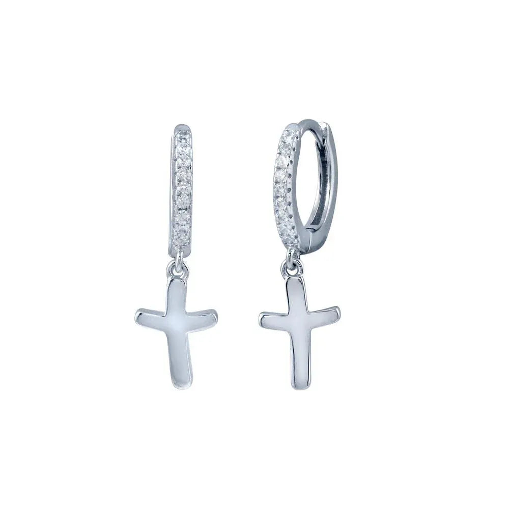925 Sterling Silver Rhodium Plated huggie hoop Cross CZ Earring