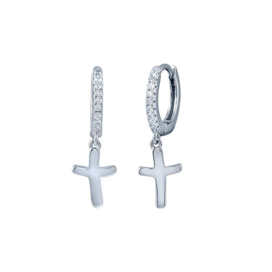 925 Sterling Silver Rhodium Plated huggie hoop Cross CZ Earring