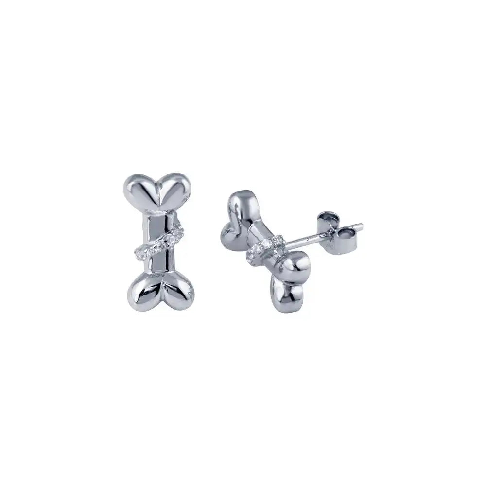 925 Sterling Silver Rhodium Plated Dog Bone CZ Earring