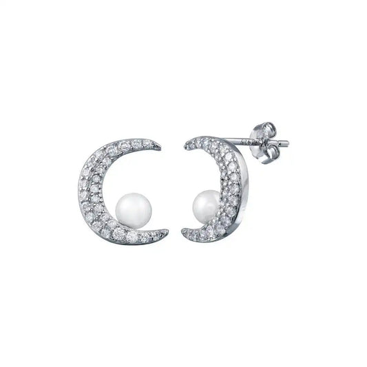 925 Sterling Silver Rhodium Plated Crescent Moon Mother of Pearl and CZ Earring