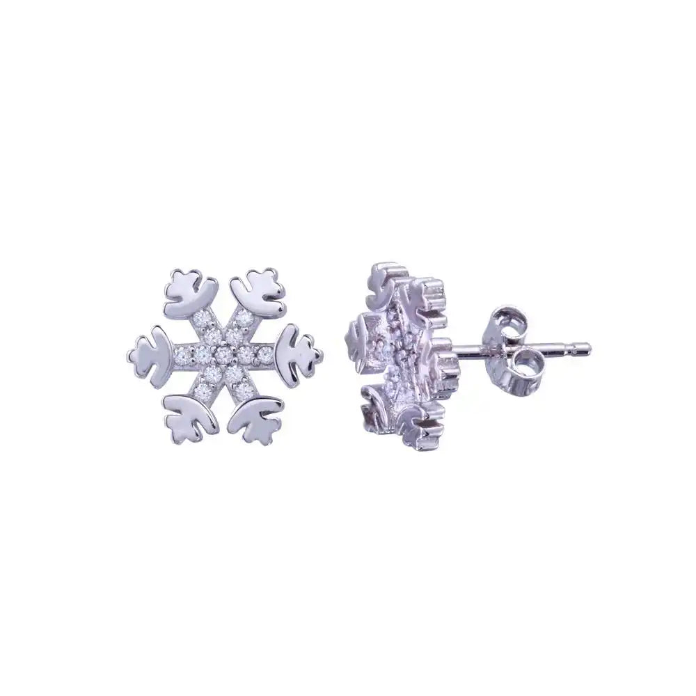 925 Sterling Silver Rhodium Plated CZ Snow Flakes Earring