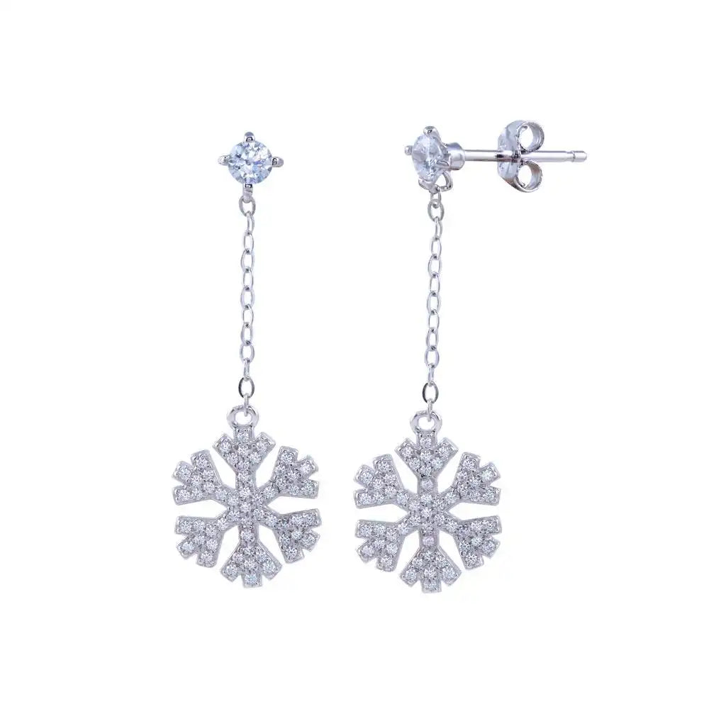 925 Sterling Silver Rhodium Plated Dangling CZ Snow Flakes Earring