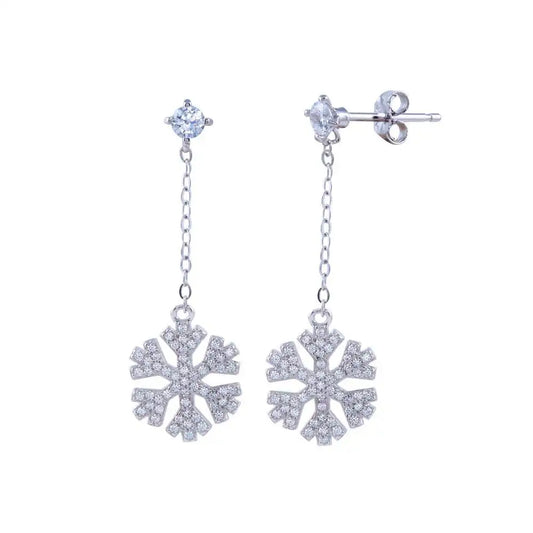 925 Sterling Silver Rhodium Plated Dangling CZ Snow Flakes Earring