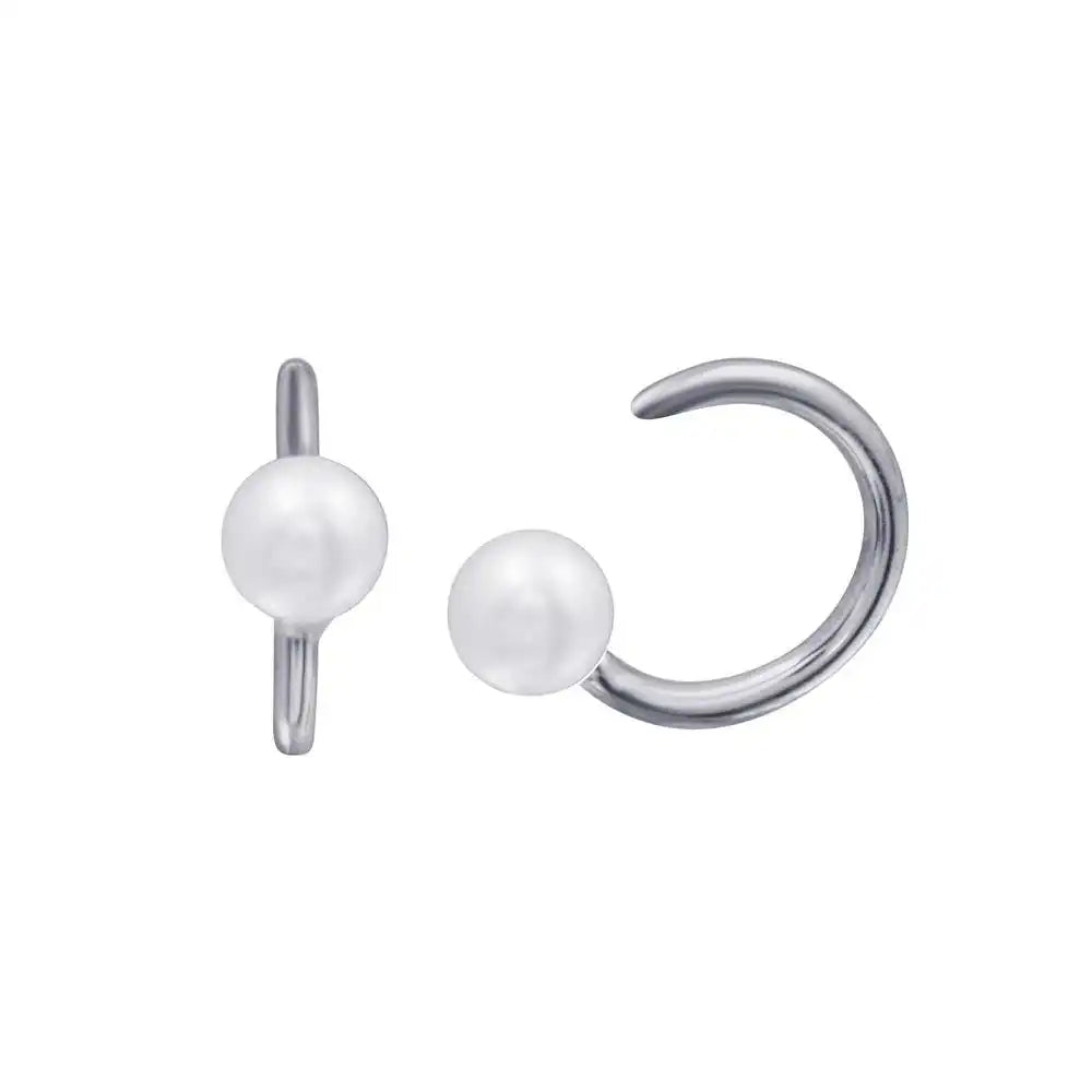 925 Sterling Silver Rhodium Plated Pearl Semi-Hoop CZ Earring